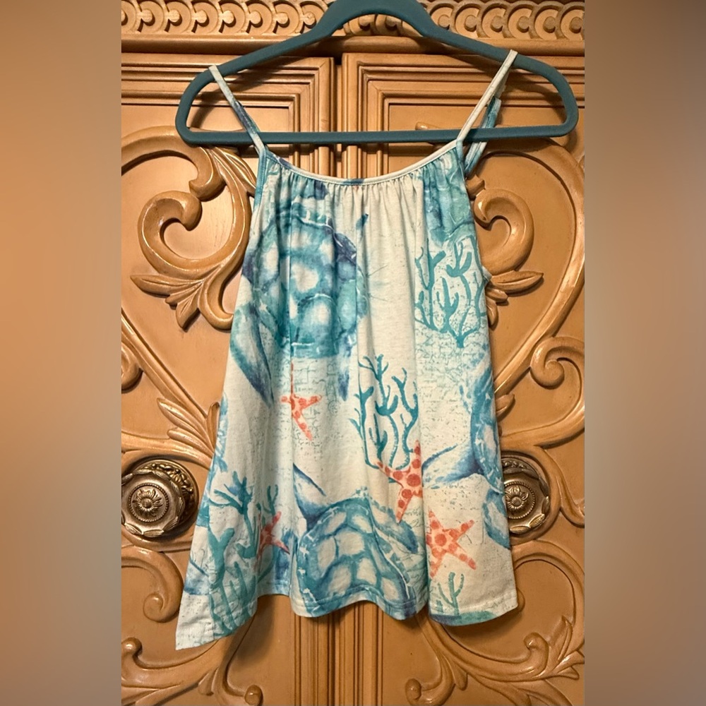 Tank Top w/' Sea Turtle Blue & Coral adjustable flare design nwot sz small